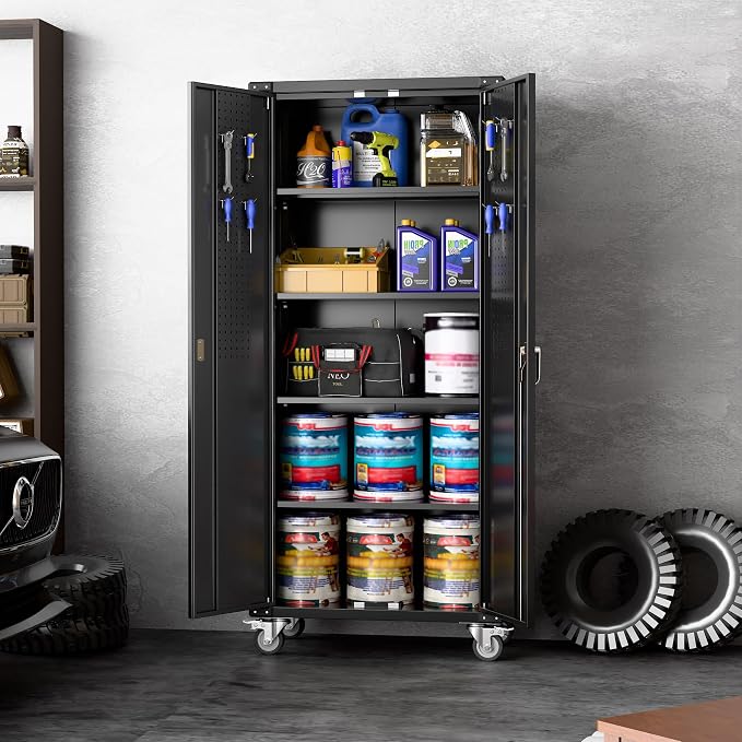 Garage Storage Cabinet with Wheels & Pegboard, Assembly Required - Image 7