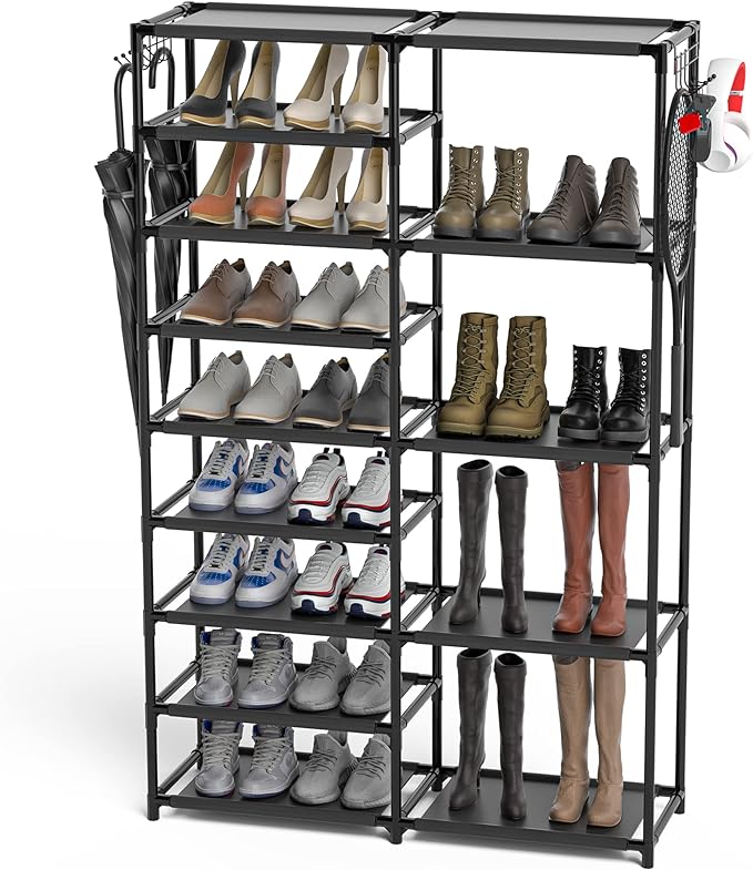 Tall Garage Shoe Rack Large Capacity, Two Rows Versatile Hooks Storage Boot by CSXGBAB