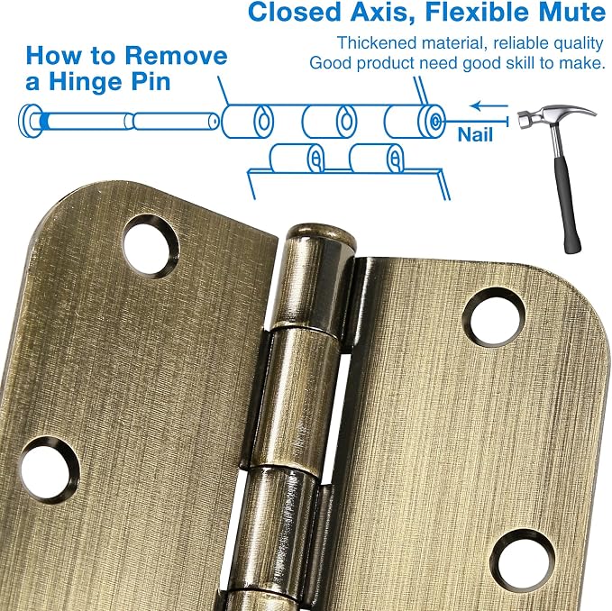 6 Pack Antique Brass Door Hinges 3.5 Inch Black Interior 3 1/2" Rounded 5/8" - Image 4