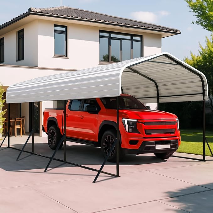 10x15 Metal Carport with Base Fixings Heavy Duty Garage Outdoor Chrome Plated by ZYNFYLUS