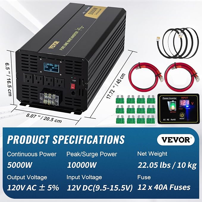 VEVOR Pure Sine Wave Inverter, 5000 Watt, Power Inverter, DC 12V to AC 120V Car - Image 7