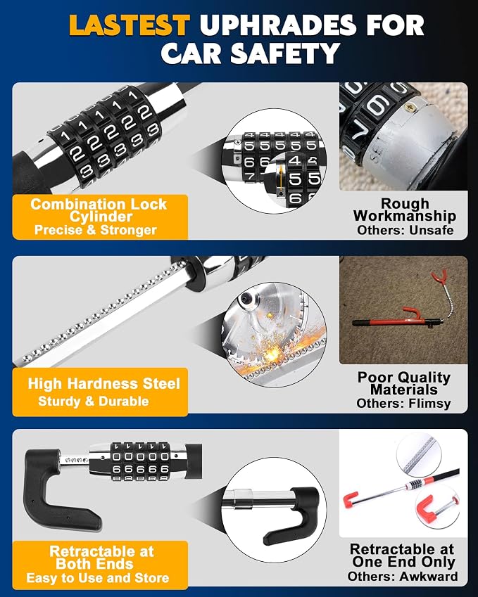 Tevlaphee Steering Wheel Lock Anti Theft Device Retractable Brake Pedal Lock - Image 3