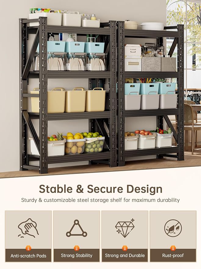 4-Tier Storage Shelves, Adjustable Industrial Metal Shelf System, 400lbs - Image 6
