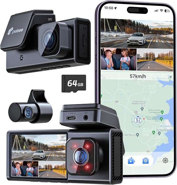Pelsee P2 Trio 4K Dash Cam Front and Rear Inside WiFi, 64GB Card, by pelsee