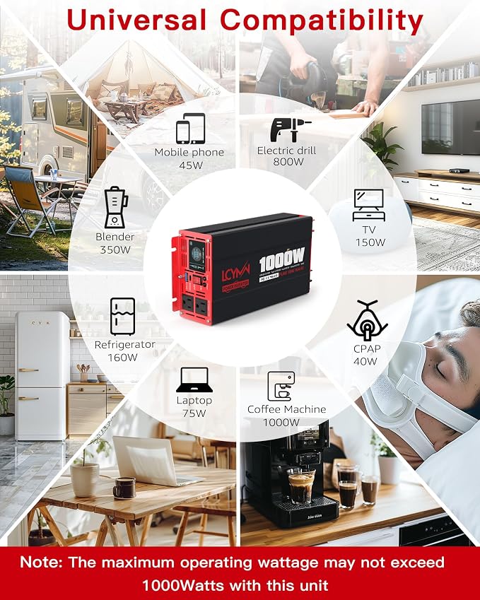 1000 Watts Pure Sine Wave Power Inverter 12V DC to 110V 120V AC Converter - Image 7