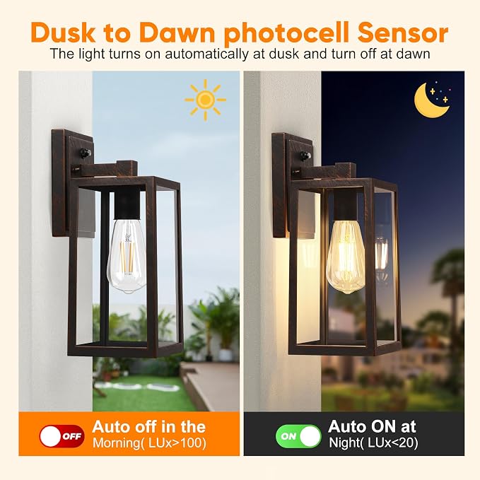 PARTPHONER Dusk to Dawn Porch Light Fixtures, Sensor Wall Lantern, Waterproof - Image 2