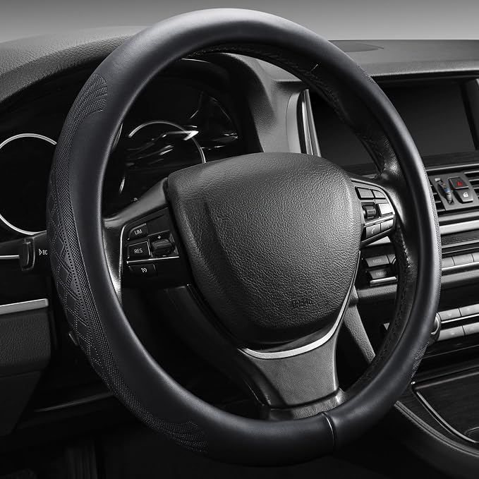 【2025 Model】 High-Grade Real Cowhide Steering Wheel Cover，Black Genuine Leather by PJBTVZ