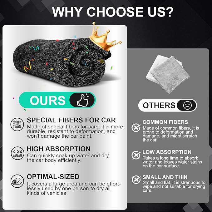 3-Pack Microfiber Towels for Cars, Extra Large Super Absorbent Car Drying Towel - Image 2