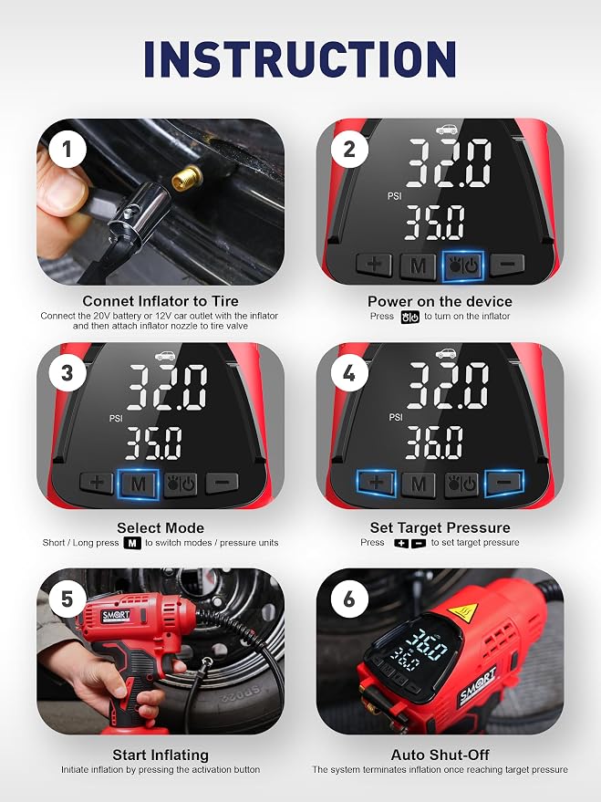 SMART JERRY - Car Tire Inflator Portable Air Compressor | 20V/12V Dual-Power - Image 4