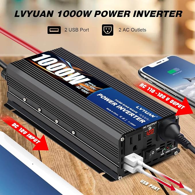 LVYUAN 1000 Watt Pure Sine Wave Power Inverter 12V to 110V/120V DC to AC - Image 4