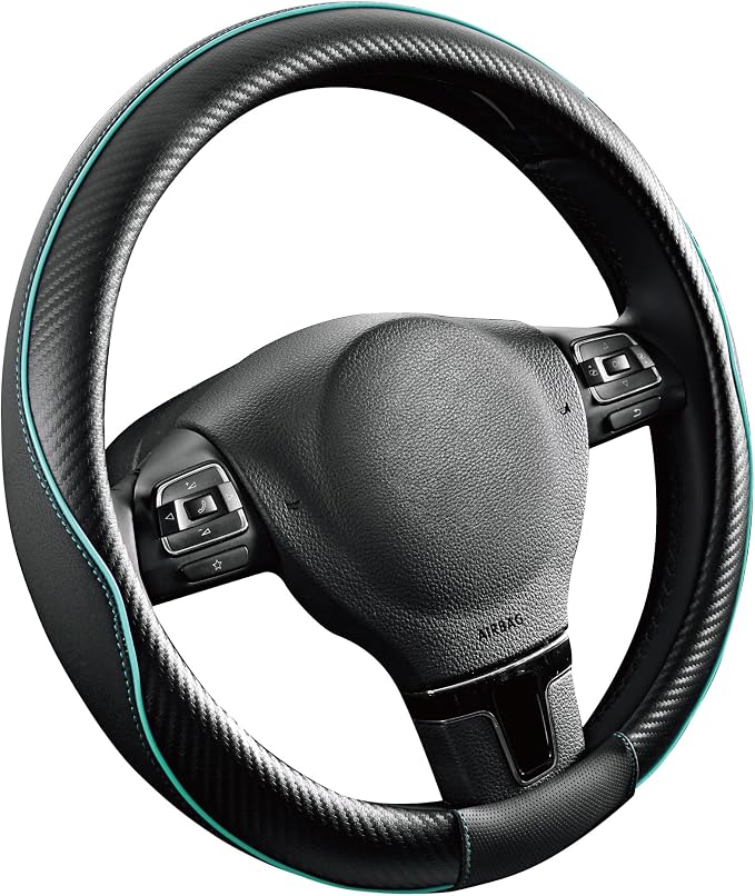 PIC AUTO Steering Wheel Cover, Mint Piping Leather, Sports Carbon Fiber and - Image 2