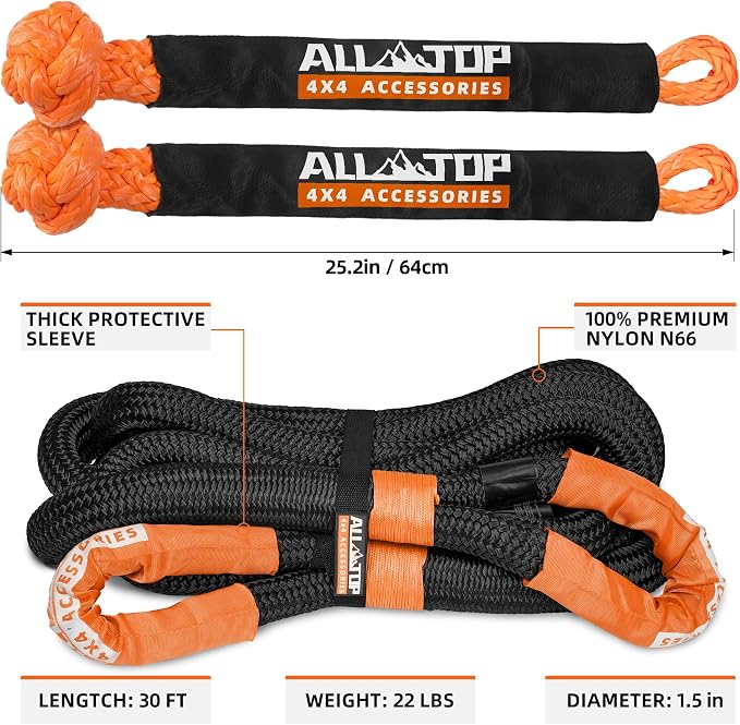 ALL-TOP Kinetic Recovery Rope Kit w/ 2 Soft Shackles, 1.5in x 30ft, Heavy Duty - Image 3