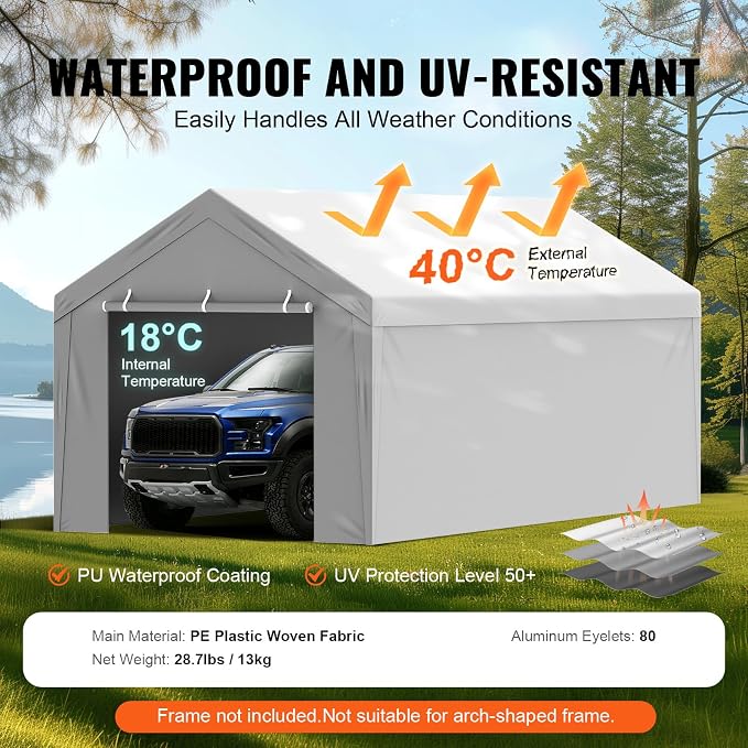 VEVOR Carport Replacement Canopy Cover Top + Side Wall 10 x 20 ft, Garage Tent - Image 3