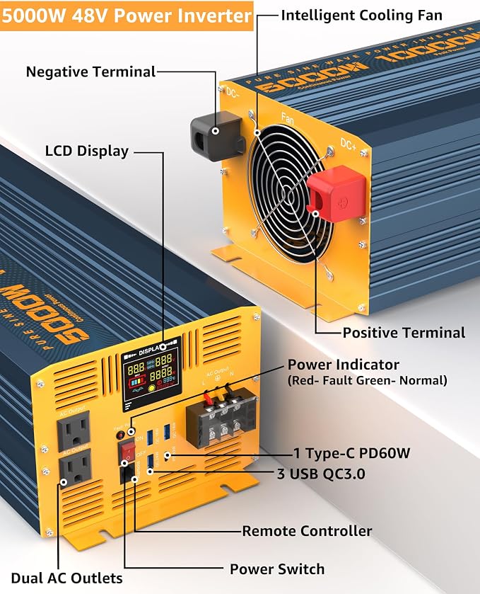 5000 Watt Power Inverter Pure Sine Wave 48V DC to 110V 120V 10000W Peak Heavy - Image 2