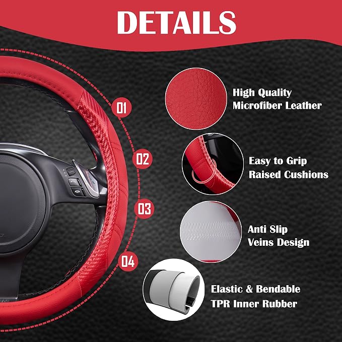 CAR PASS Line Rider Microfiber Leather Sporty Steering Wheel Cover 14.5-15 inch - Image 4