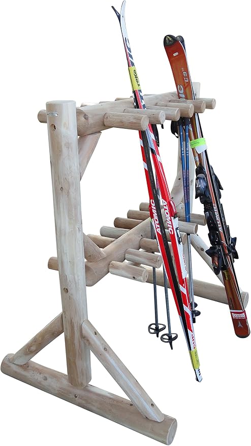 17-Pair Freestanding Skis + Snowboard Log Rack, Standing Shorter Ski Storage by LogKayakRack