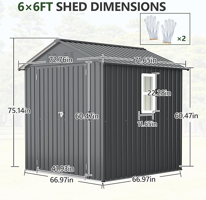 Outdoor Storage Shed, 6 X 6ft Metal Galvanized Steel Garden Shed - Image 2