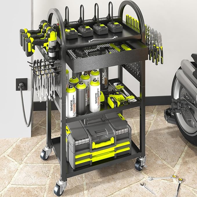KAFAHOM Power Tool Cart with Charging Station, Rolling Cart with Drawer by KAFAHOM