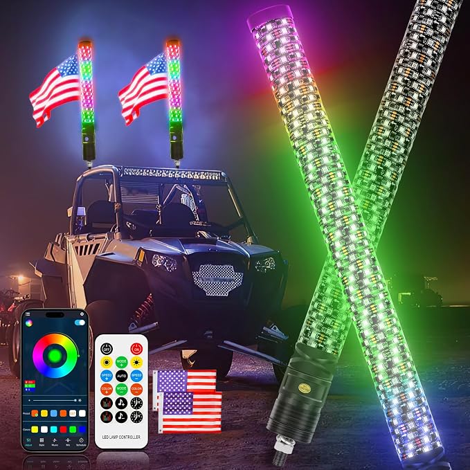 DREAMIZER 2PCS 2FT Fat Whip Lights 360°Spiral Chase Offroad Warning Lighted - Image 9