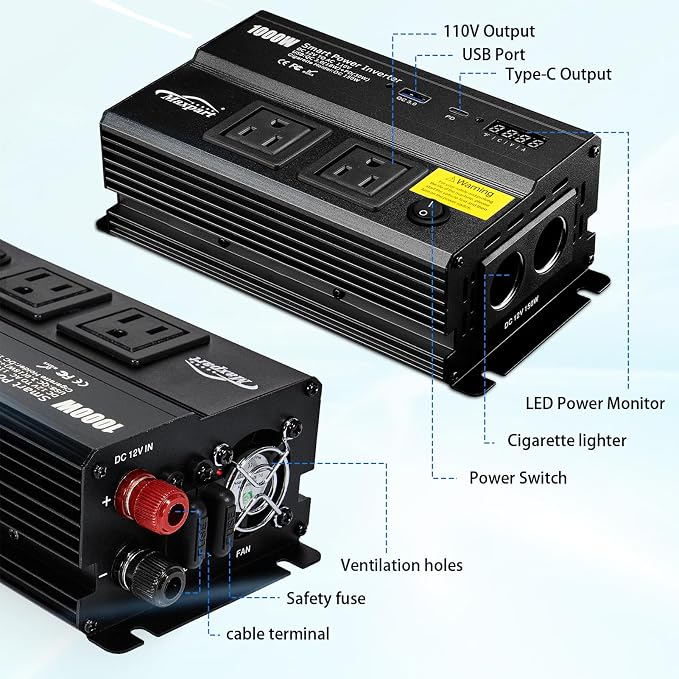 1000W Inverter for Car Power Inverters, 12v DC to 110v AC Converter - Image 2