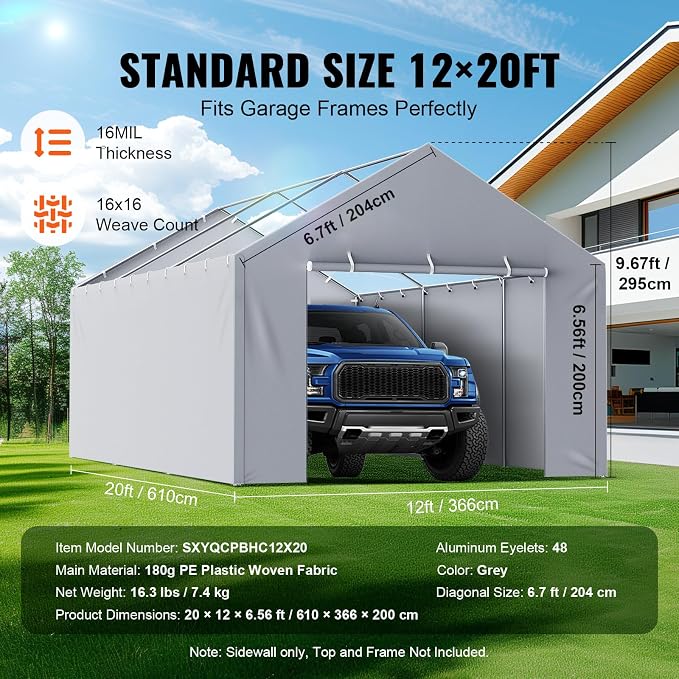 VEVOR Carport Replacement Canopy Cover Side Wall 12 x 20 ft, Garage Tent - Image 4