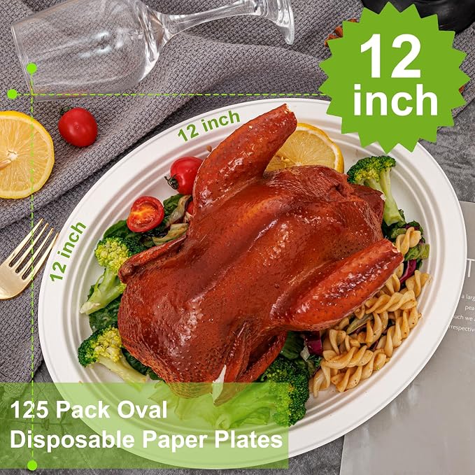 WELLIFE 100% Compostable Oval Paper Plates 12 Inch, Biodegradable Bagasse - Image 2