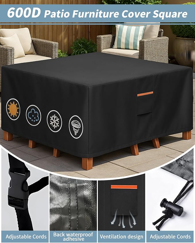 Outdoor Waterproof Furniture Cover, 86W x 86L x 28H inches Heavy Duty 600D - Image 5