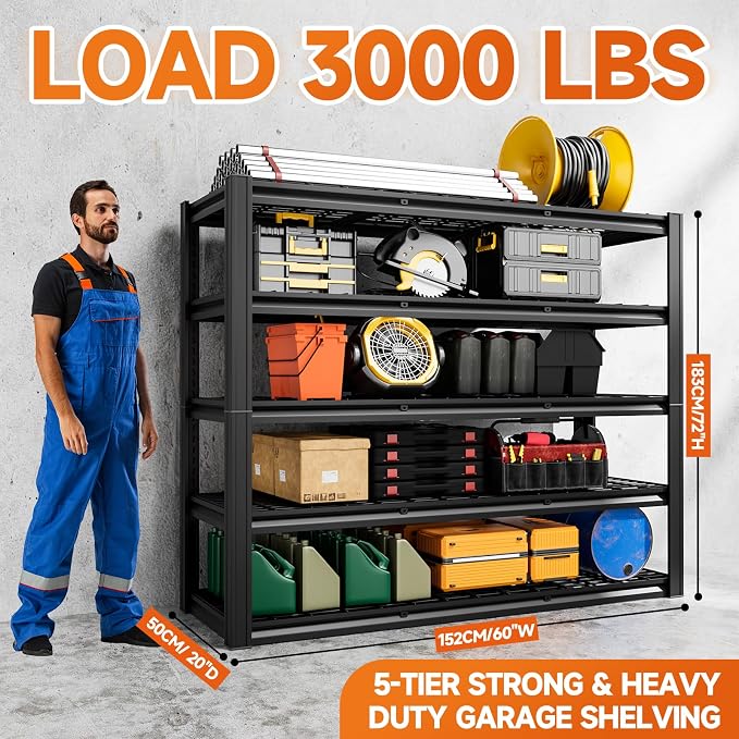 5-Tier 60" W x 20" D x 72" H Garage Shelving 30000LBS Heavy Duty Adjustable - Image 3