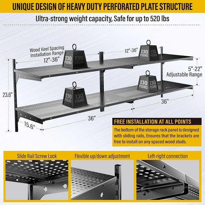 2-Pack×2 Tier 1.3x3ft Garage Shelving Wall Mounted, 800 lbs Load - Image 3