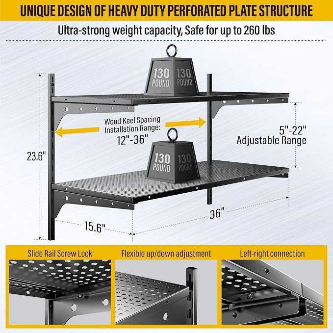 2 Tier 1.3x3ft Garage Shelving Wall Mounted, 400 lbs Load Capacity, 15.6x36inch - Image 3