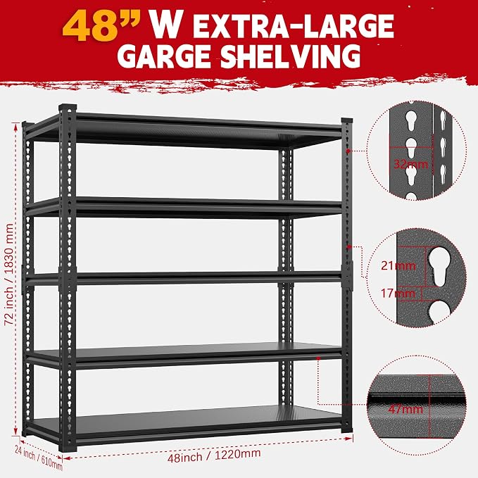 48" Wide Garage Shelving Heavy Duty 3000LBS, 5 Tier Adjustable Storage Rack - Image 2