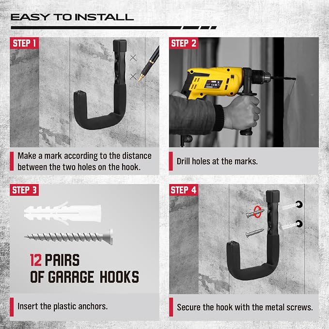 SEDY 6-Piece Heavy Duty Garage Storage Hooks, Wall Mount J Utility Hooks Holds - Image 6