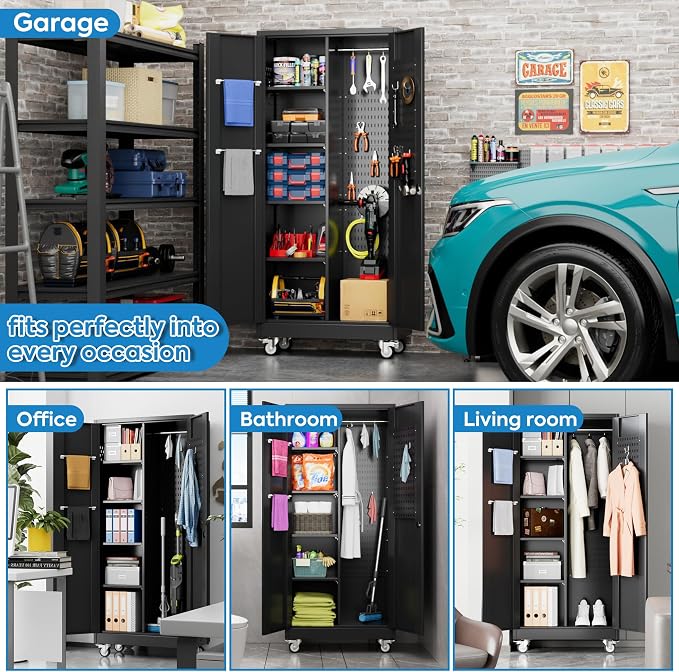 Garage Storage Cabinet with Wheels and 5 Pegboard, Broom Closet Storage Cabinet - Image 8