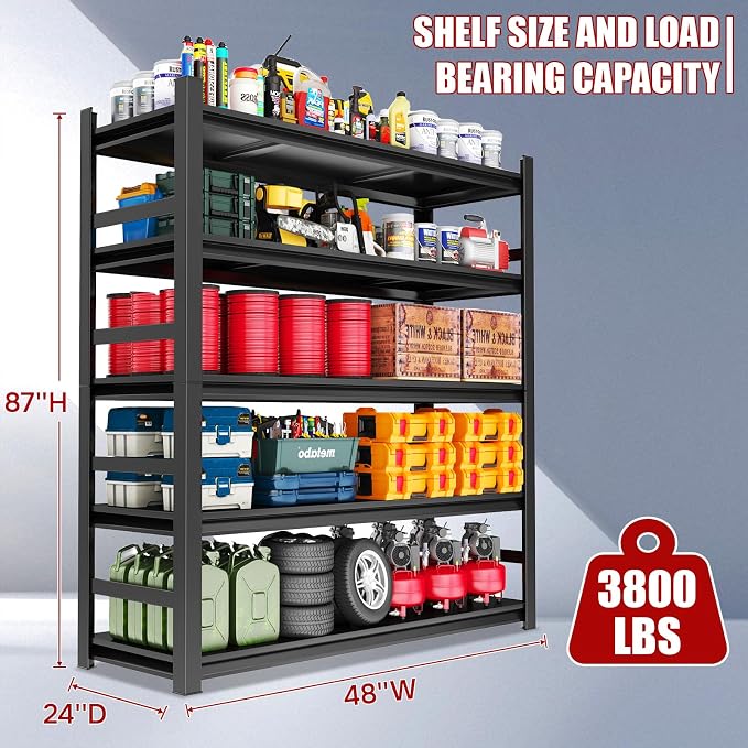 87" H, Heavy Duty 5-Tier Steel Garage Shelving Unit | 3800LB Capacity| Garage & - Image 2