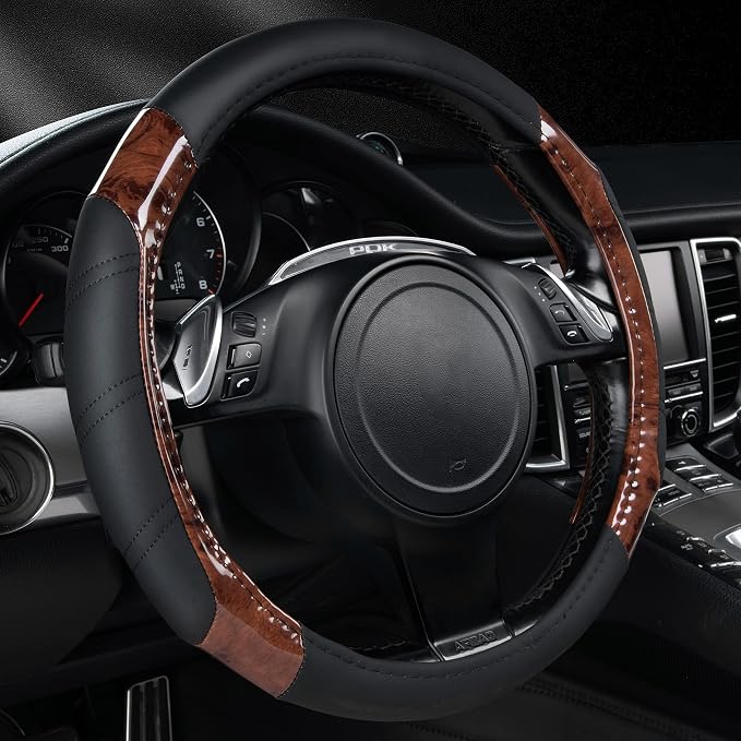 CAR PASS Wood Grain Microfiber Leather Sporty 14.5-15 inch Steering Wheel Cover by CARPASS