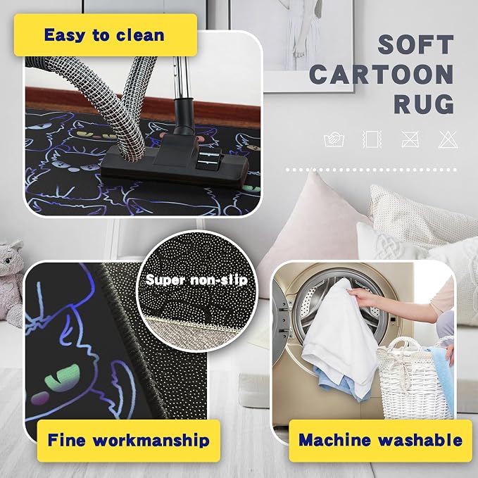 Black Play Cat Rug for Playroom for Boys Girls 3x4 Funny Cute Cat Cartoon Decor - Image 5