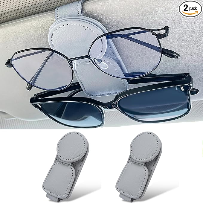 KIWEN 2 Pack Sunglasses Holder for Car Visor, Magnetic Leather Sunglass by KIWENDirect