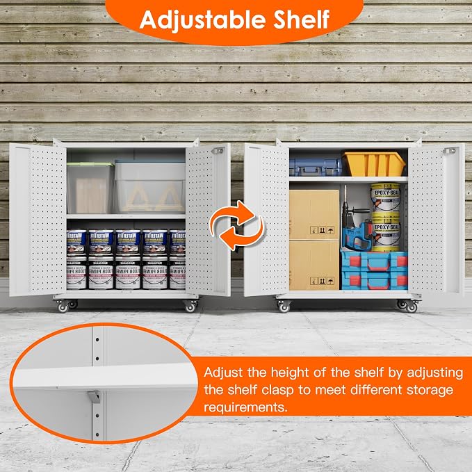 Garage Storage Cabinet with Wheels & Pegboard, 34.3" H Locking Metal Tool - Image 3