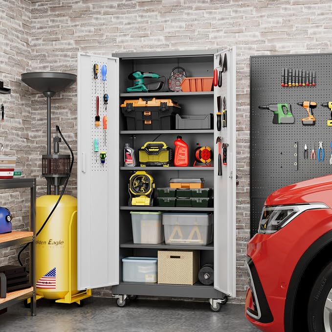 Metal Garage Cabinet with Wheels and Pegboard 71'' x 32'' x 16'', Lockable - Image 8