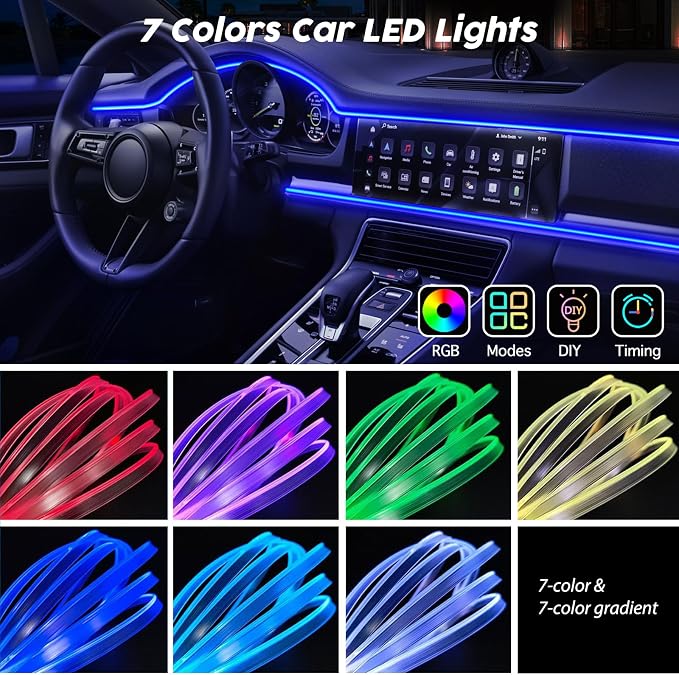 USB Car LED Lights, Interior Car Lights Strip 7 Colors Ambient Lighting - Image 3