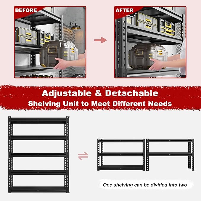 REIBII 72.1" H Garage Shelving 2000LBS Storage Shelves Heavy Duty Metal - Image 4