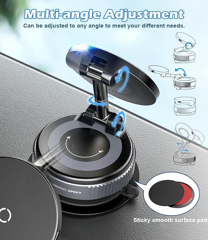 15W Wireless Charger Magnetic Car Phone Holder 360° Adjustable & Foldable Car - Image 3