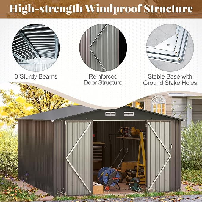 Goplus 10 x 14 FT Outdoor Storage Shed, Large Garden Tool House w/Improved - Image 10