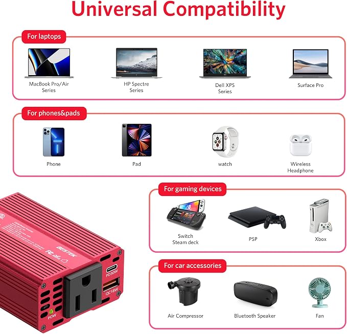 BESTEK 150W Car Power Inverter, DC 12V to 110V AC Converter Laptop Car Charger - Image 3