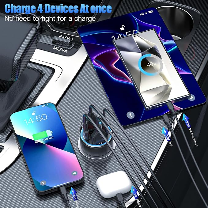 USB C Car Charger, 78W 4 Port Car Phone Charger Adapter Fast Charging, Dual USB - Image 3