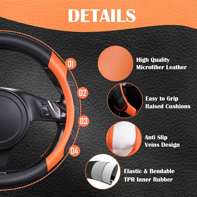 CAR PASS Line Rider Microfiber Leather Sporty Steering Wheel Cover Universal - Image 5