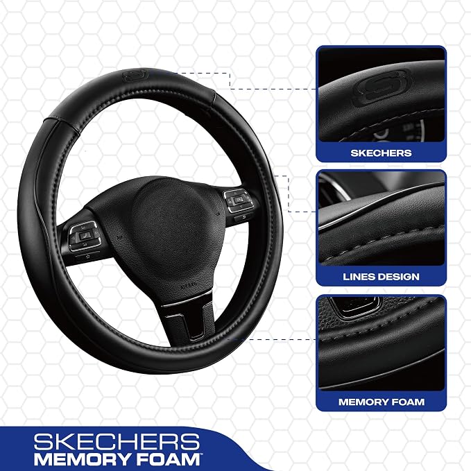 Skechers Memory Foam Steering Wheel Cover, Piping Microfiber Leather Steering - Image 2