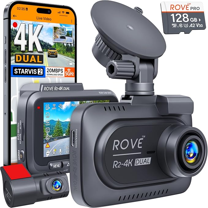 ROVE R2-4K DUAL Dash Cam Front and Rear, STARVIS 2 Sensor, FREE 128GB Card by ROVE