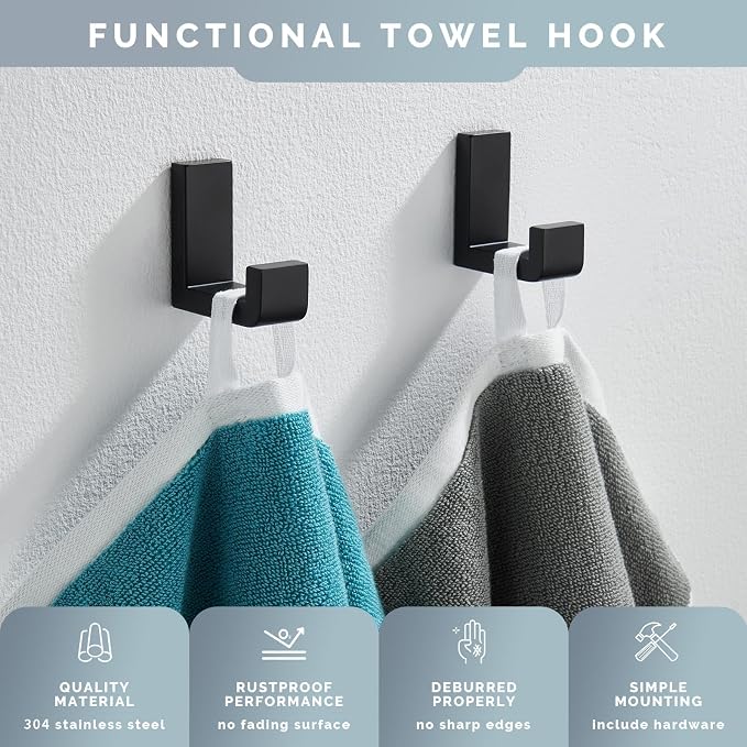 Angle Simple Towel Hook Matte Black 2 Pack, 304 Stainless Steel Bathroom Coat - Image 4