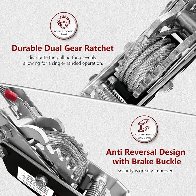 Come Along Winch 5T Pulling Capacity 11.5FT Steel Cable 3 Hooks Heavy Duty - Image 4